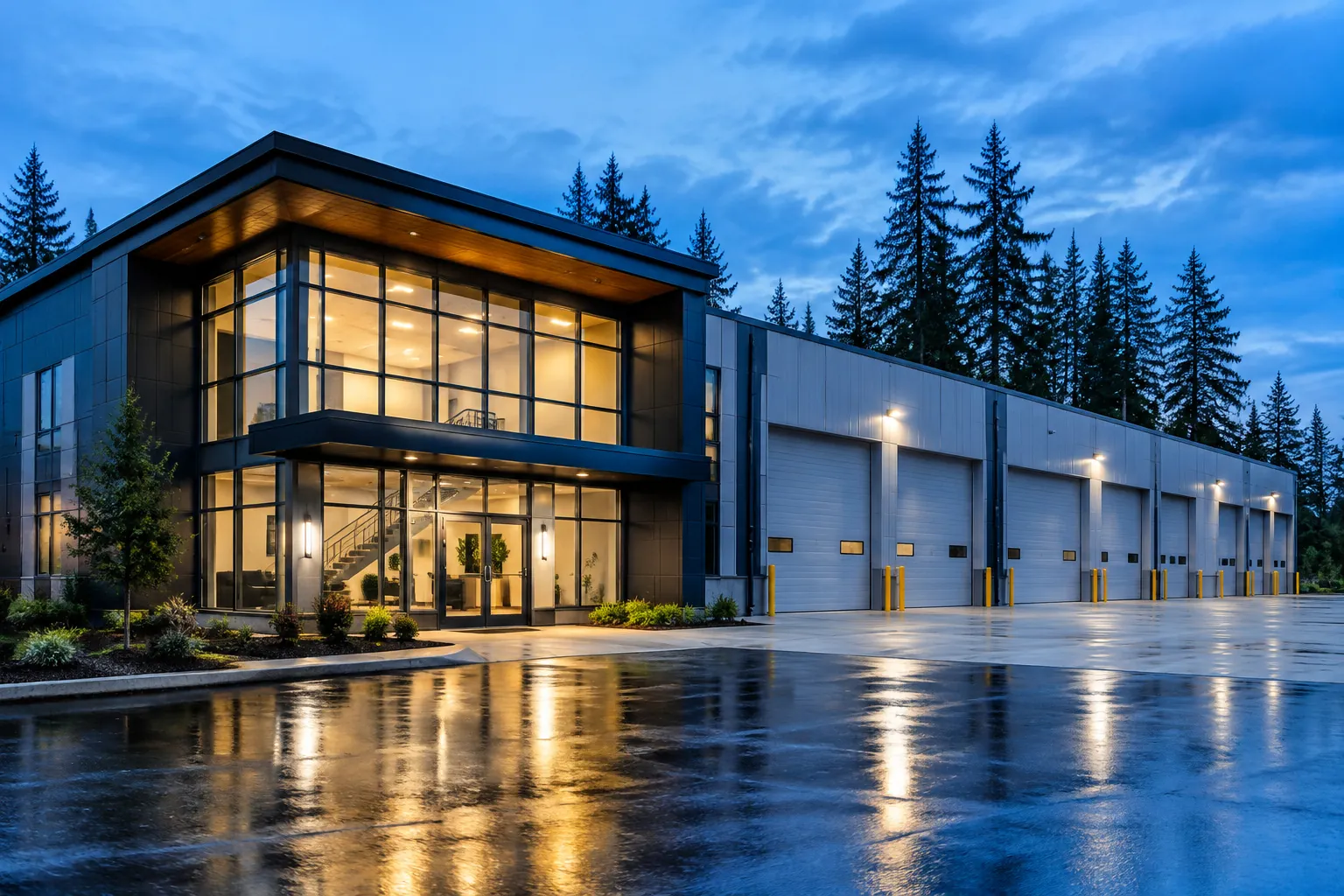 A business-park building at dusk, its glass office entry lit beside a row of closed loading doors, firs behind