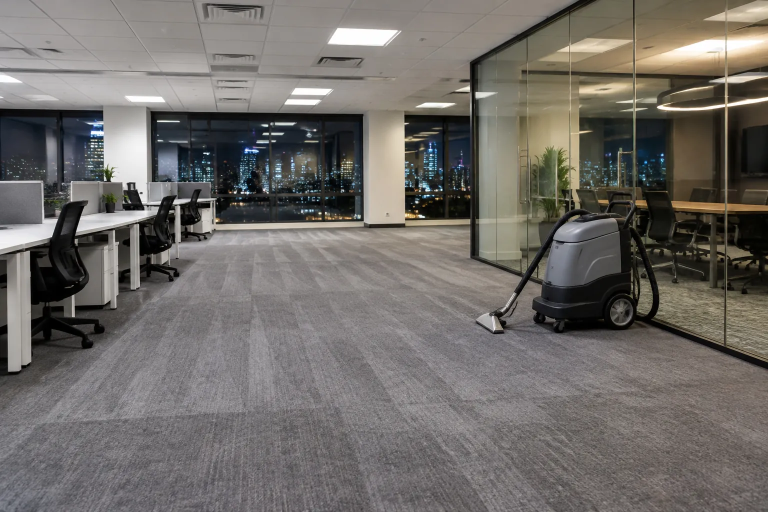 A carpeted open office at night with fresh vacuum lines and a carpet extraction machine beside a glass conference room