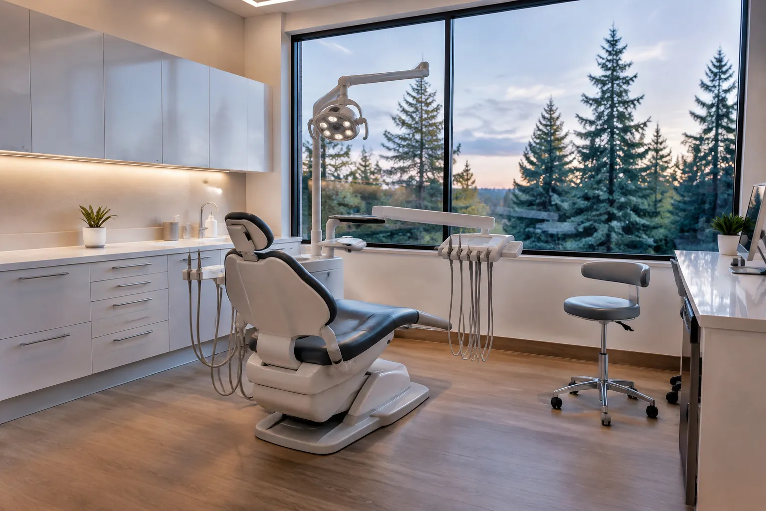 A calm, modern dental operatory at dusk with an empty chair, clean counters and evergreens outside the window