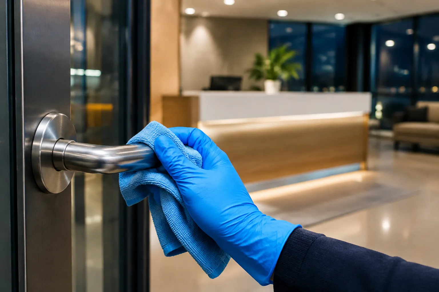 A gloved hand wiping a stainless steel door handle with a microfiber cloth in an office lobby