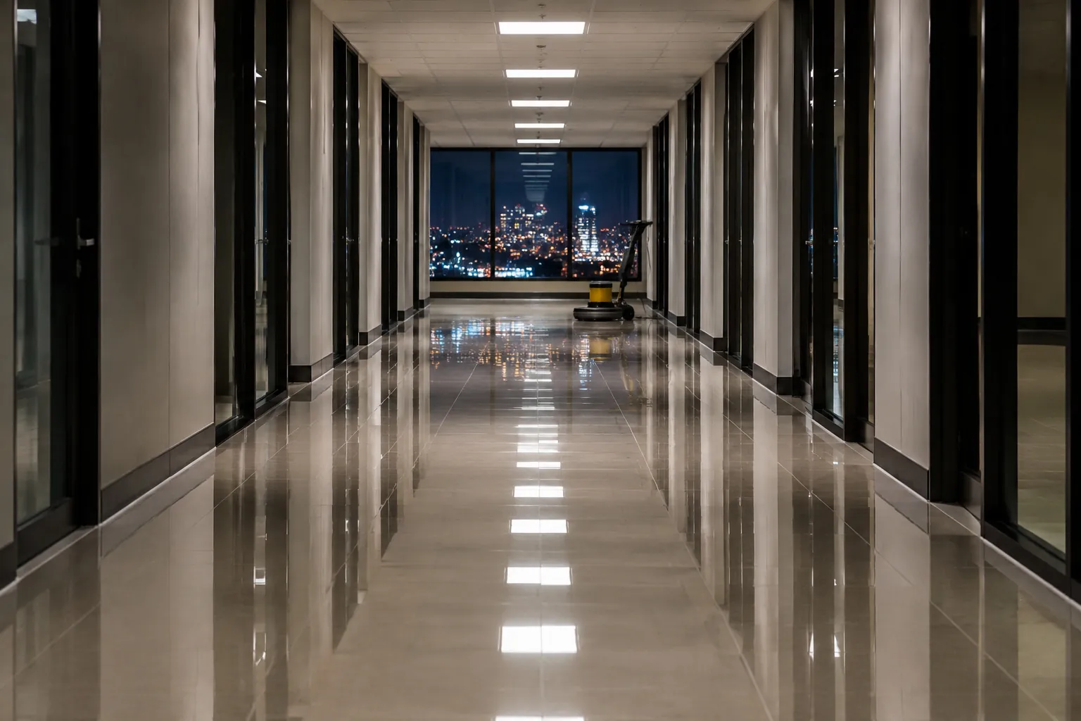 A long office corridor at night, the freshly waxed floor reflecting the ceiling lights, a floor machine parked at the far end