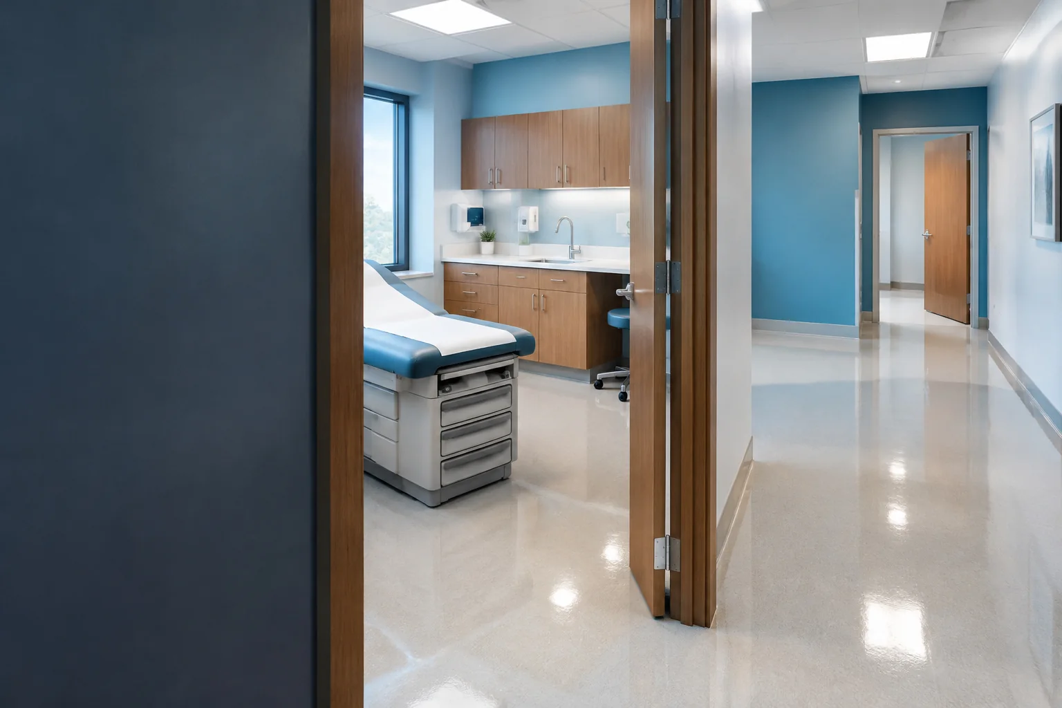 A spotless medical exam room and corridor, counters wiped clean and floors reflecting the lights