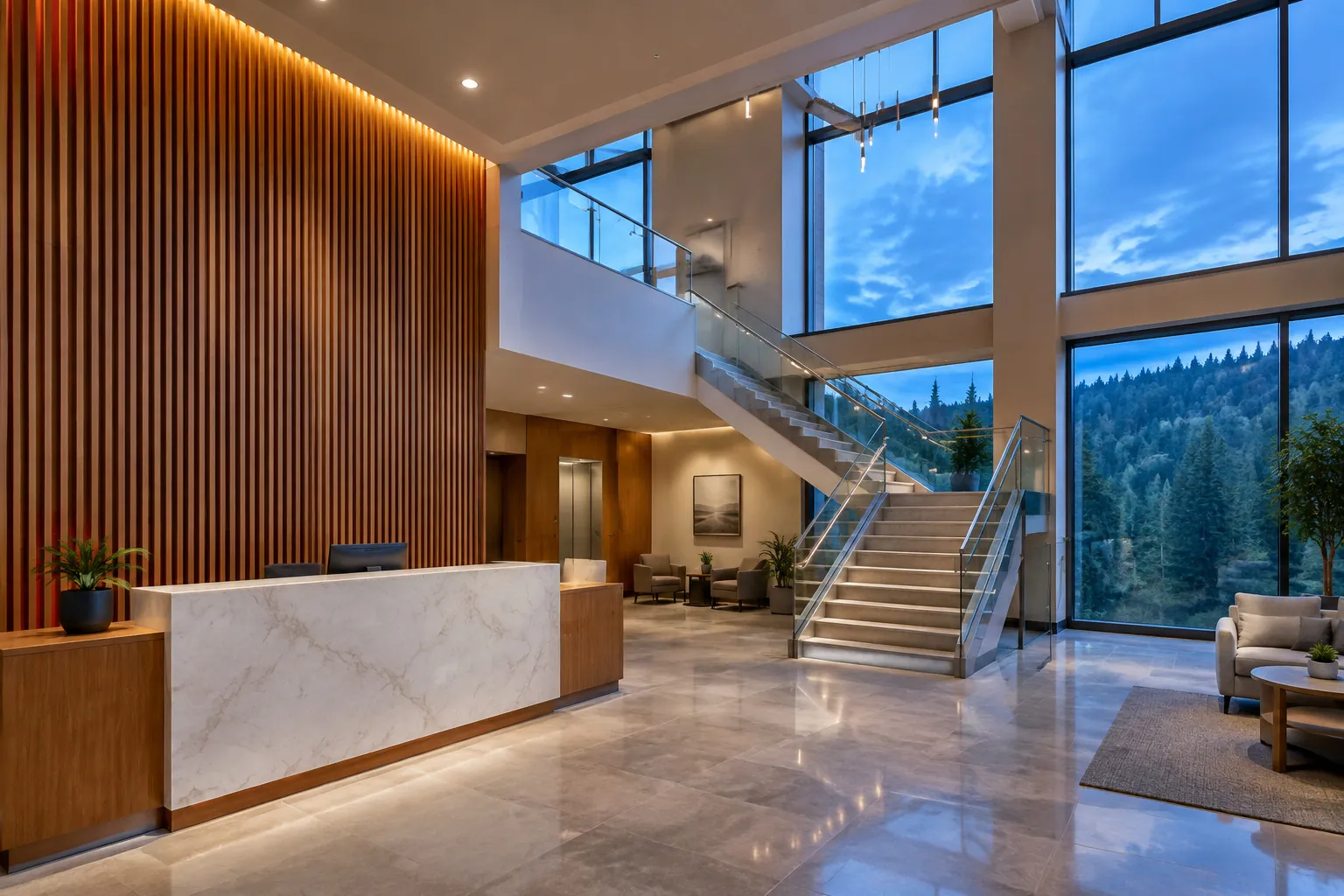 A two-story professional office lobby at dusk with stone floors, a wood-slat wall and forested hills beyond the windows