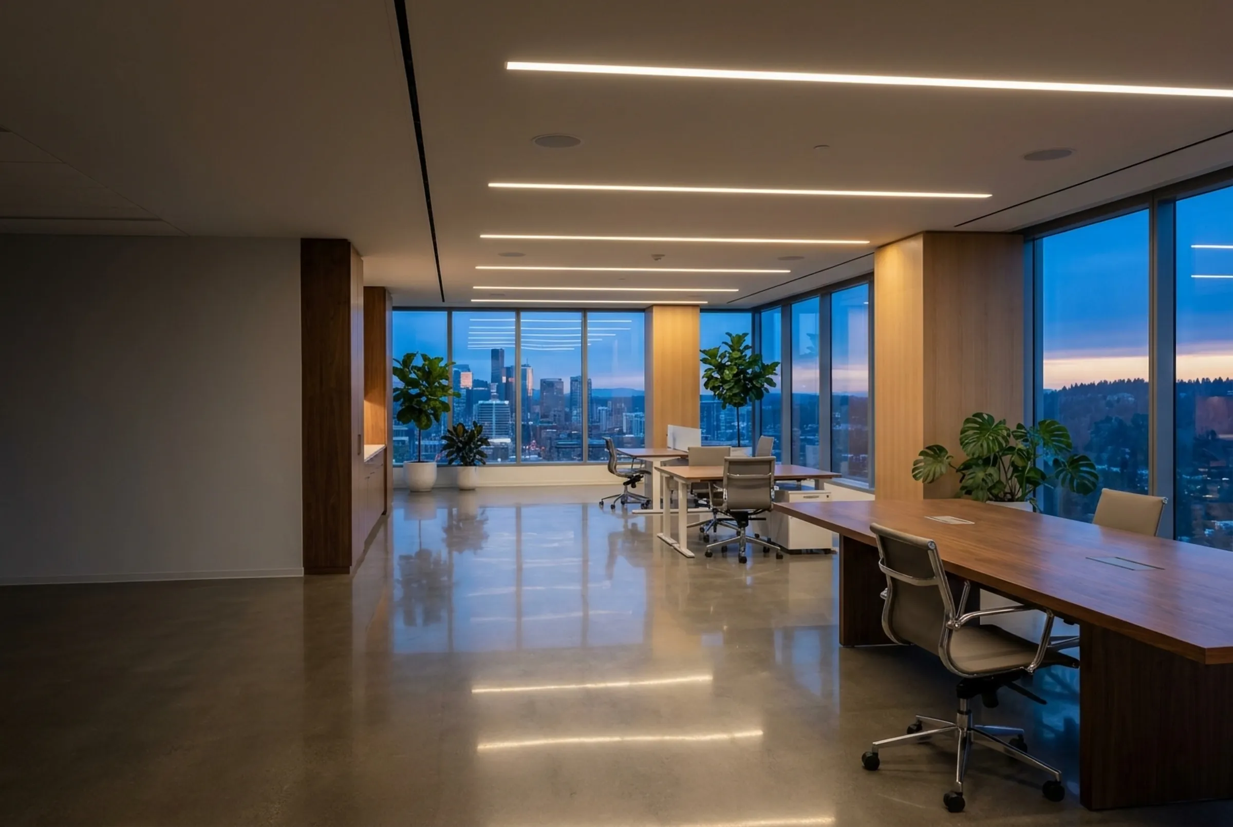 A spotless modern Bellevue office at dusk, polished floors reflecting the lights, city skyline beyond the windows