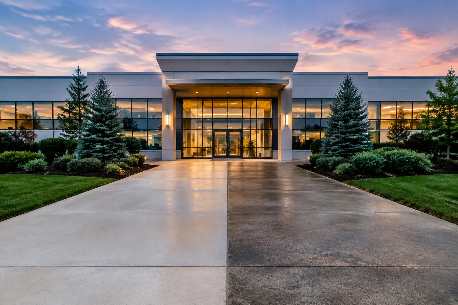 A concrete entry walk in front of an office building, half freshly pressure washed and noticeably brighter