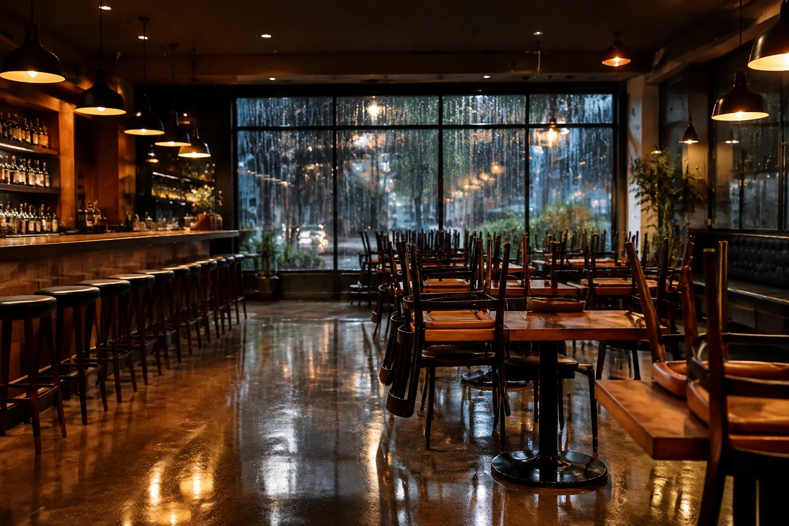 An empty restaurant after closing, chairs up on the tables and a freshly mopped floor, rain on the front windows