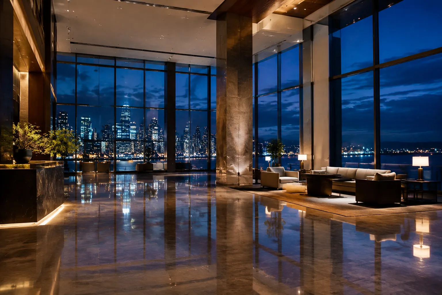 A high-rise office lobby at night, polished stone floors reflecting the lights, city lights and dark water beyond the glass