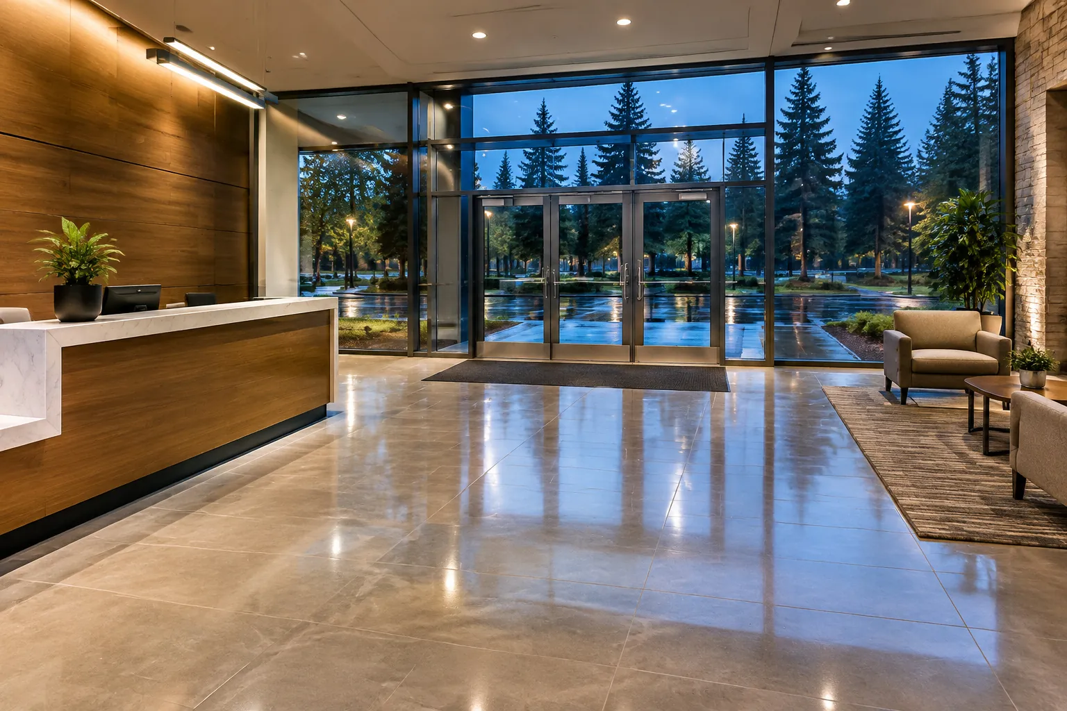 A suburban office lobby at dusk, freshly cleaned tile floors reflecting the lights, tall firs and a rain-wet parking lot outside