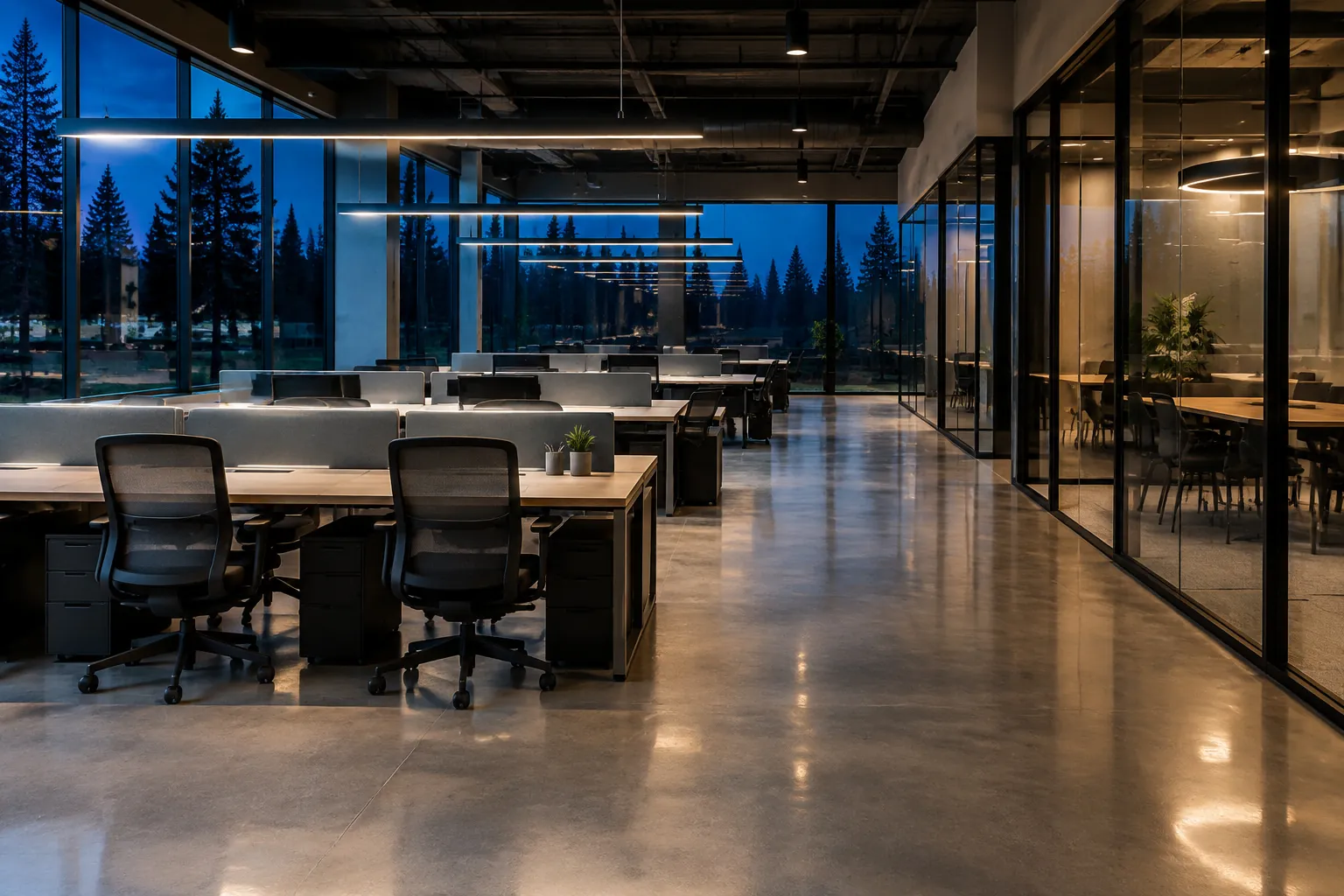 An open-plan tech office at night, desks cleared and chairs tucked in, evergreens outside the windows