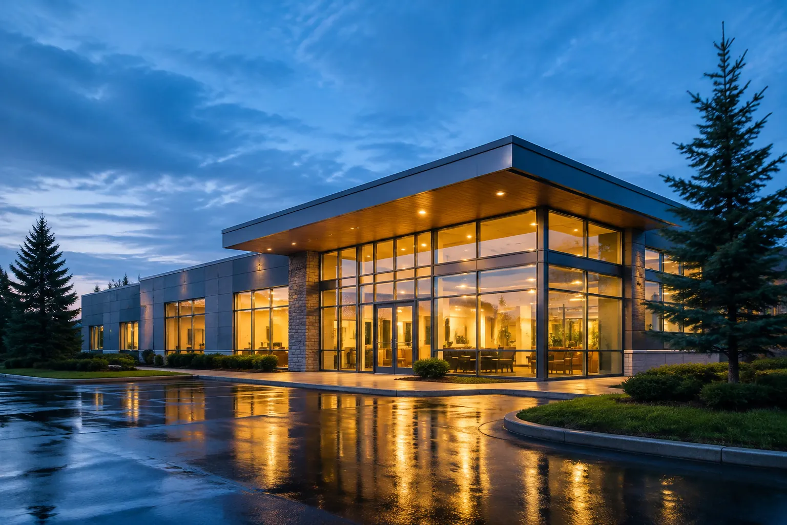 An office building at dusk, its freshly cleaned glass storefront glowing above wet pavement
