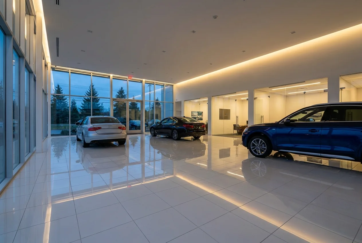A gleaming car dealership showroom after hours