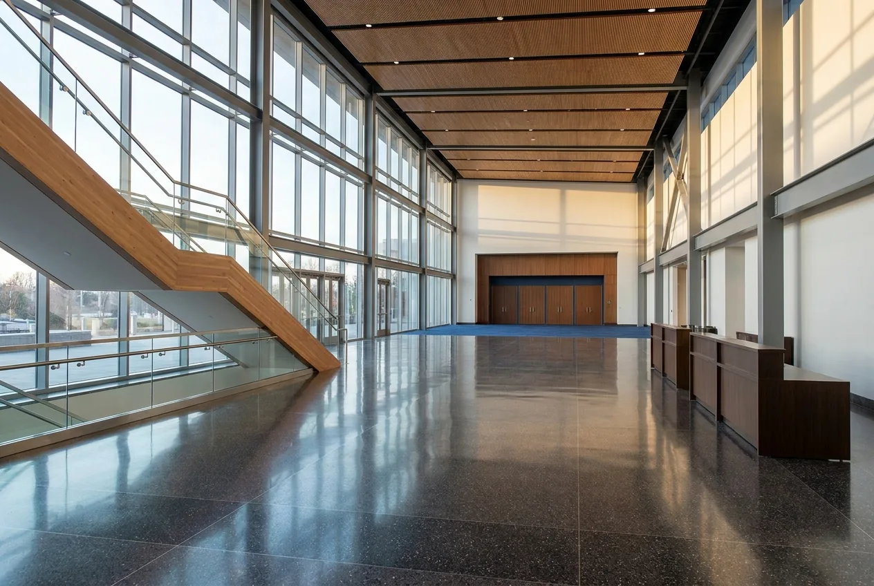 A grand, polished pre-function lobby of a convention center