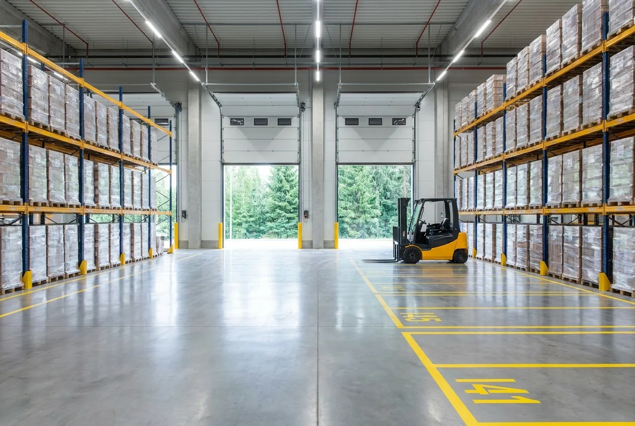 A clean, organized warehouse floor with loading docks