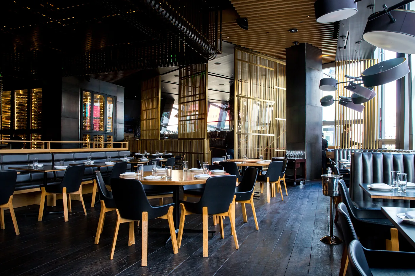 An upscale restaurant dining room, clean and set
