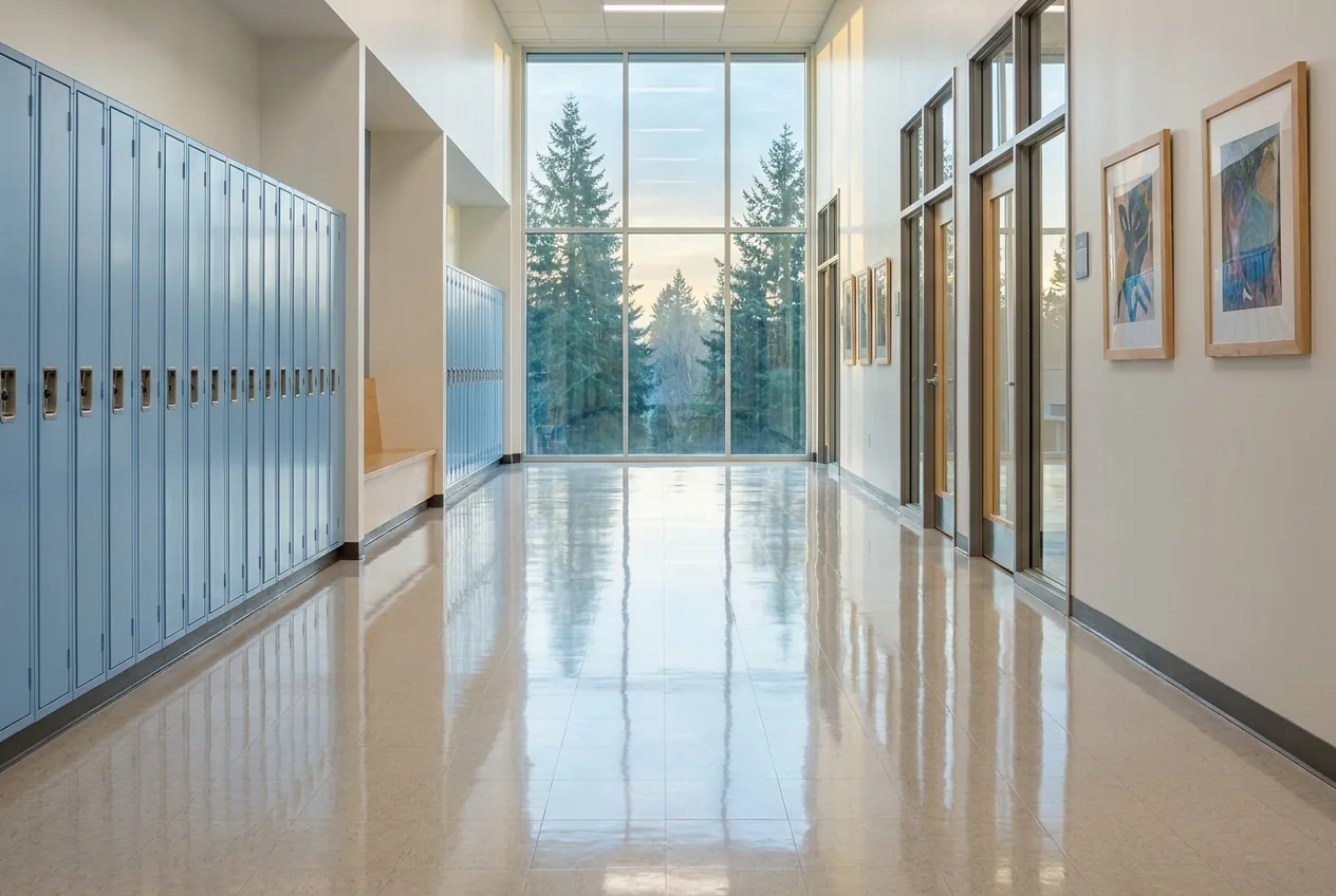 A bright school hallway with freshly waxed floors
